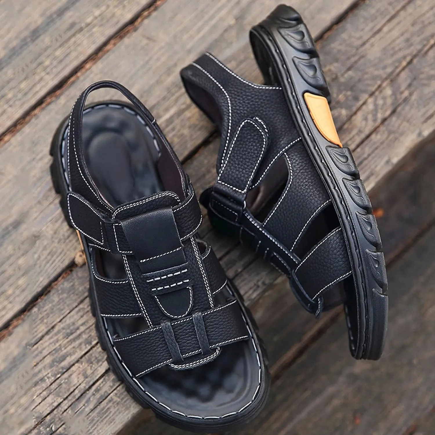 Mens Sandal Anti Slip Breathable Casual Beach Fisherman Sandal Men's Trekking Shoes Slip on Open Toe Slipper Dual Use for Outdoor Beach Walking Driving