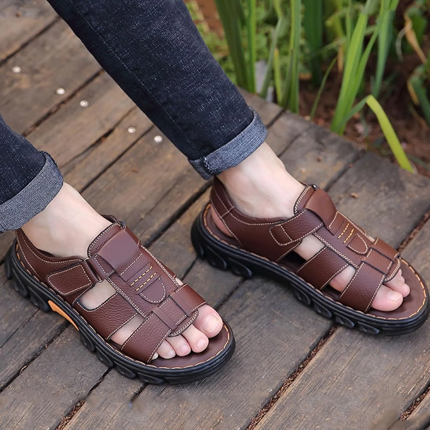 Mens Sandal Anti Slip Breathable Casual Beach Fisherman Sandal Men's Trekking Shoes Slip on Open Toe Slipper Dual Use for Outdoor Beach Walking Driving