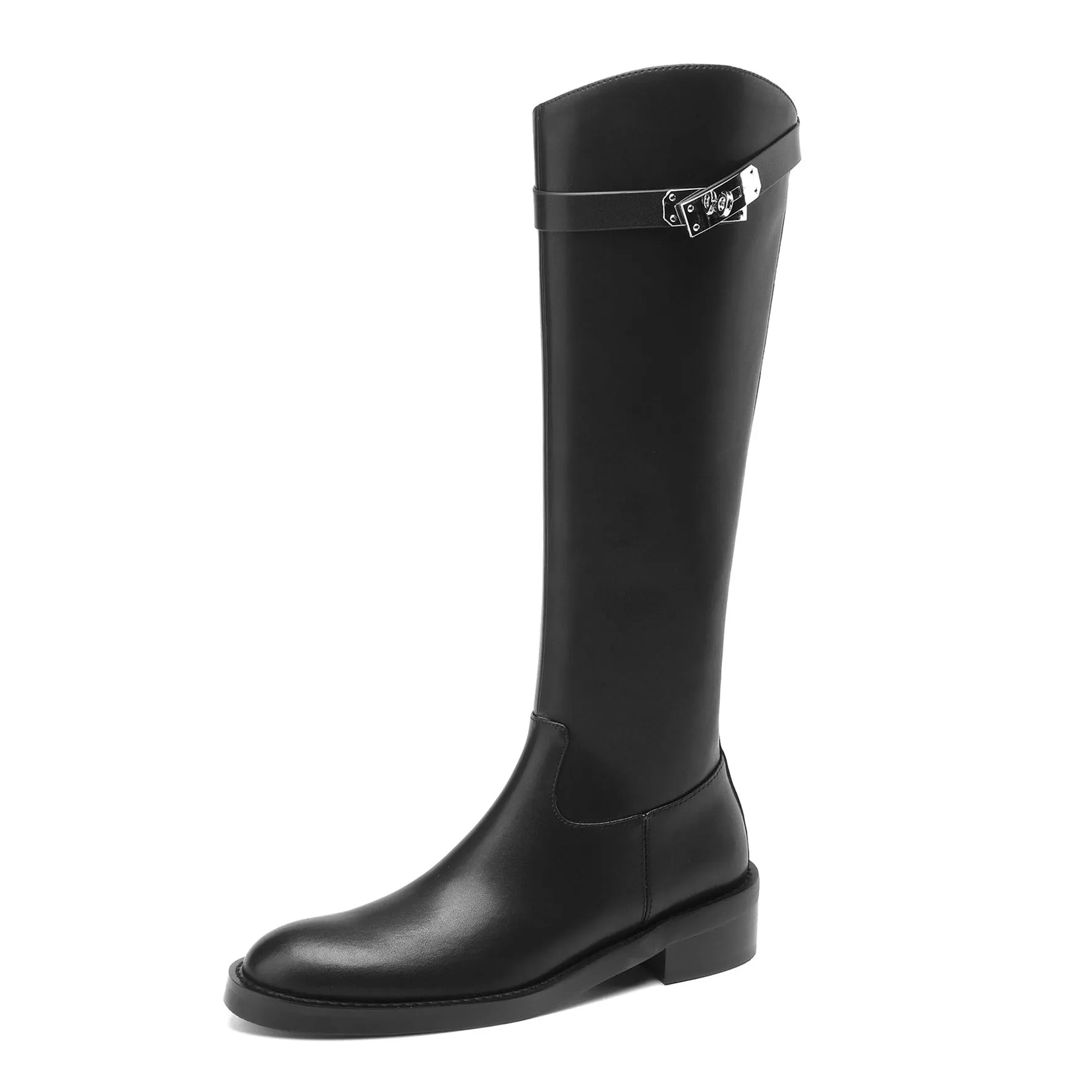 TinaCus Women's Round Toe Genuine Leather Handmade Chunky Heel Modern Buckle Side Zip Knee High Boots