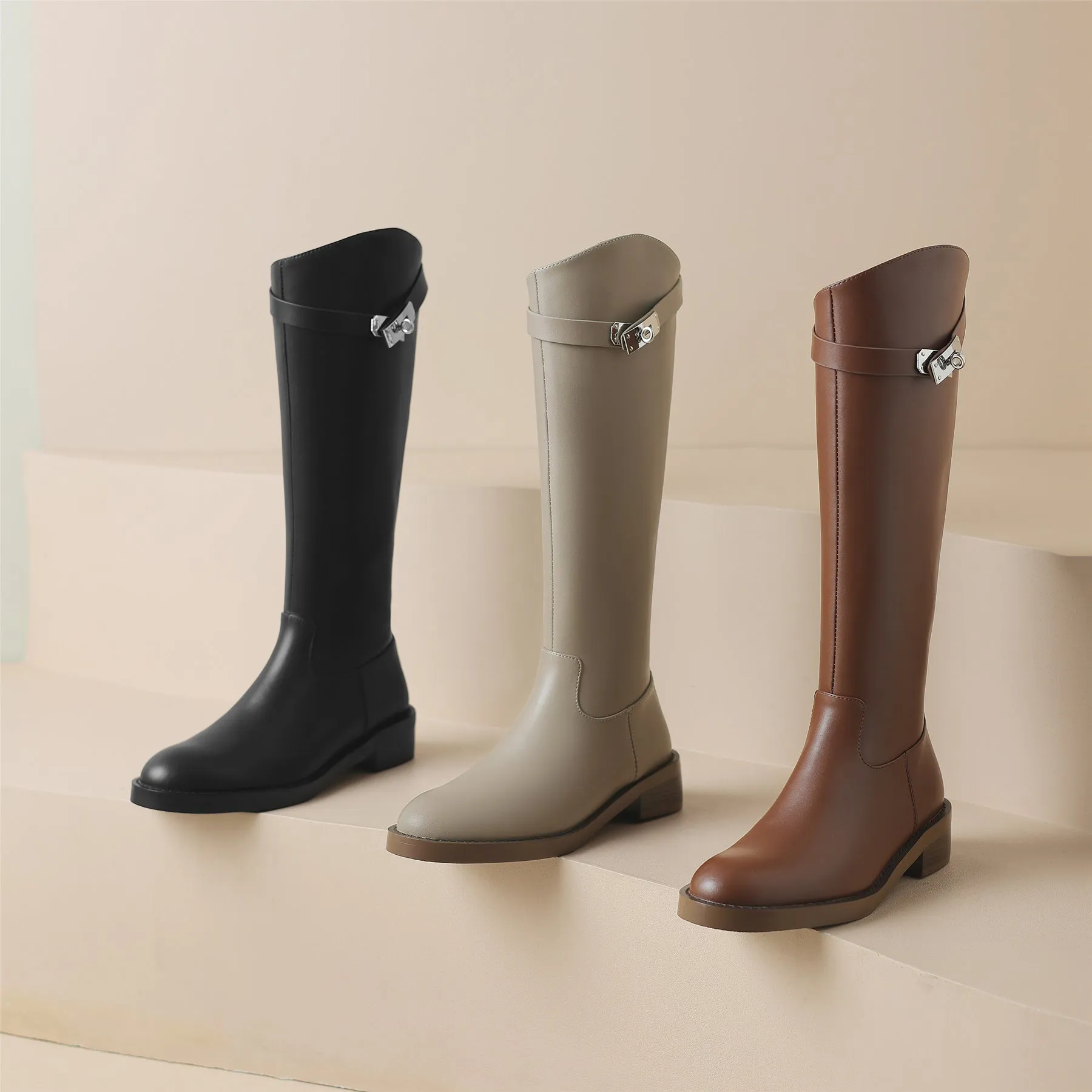TinaCus Women's Round Toe Genuine Leather Handmade Chunky Heel Modern Buckle Side Zip Knee High Boots