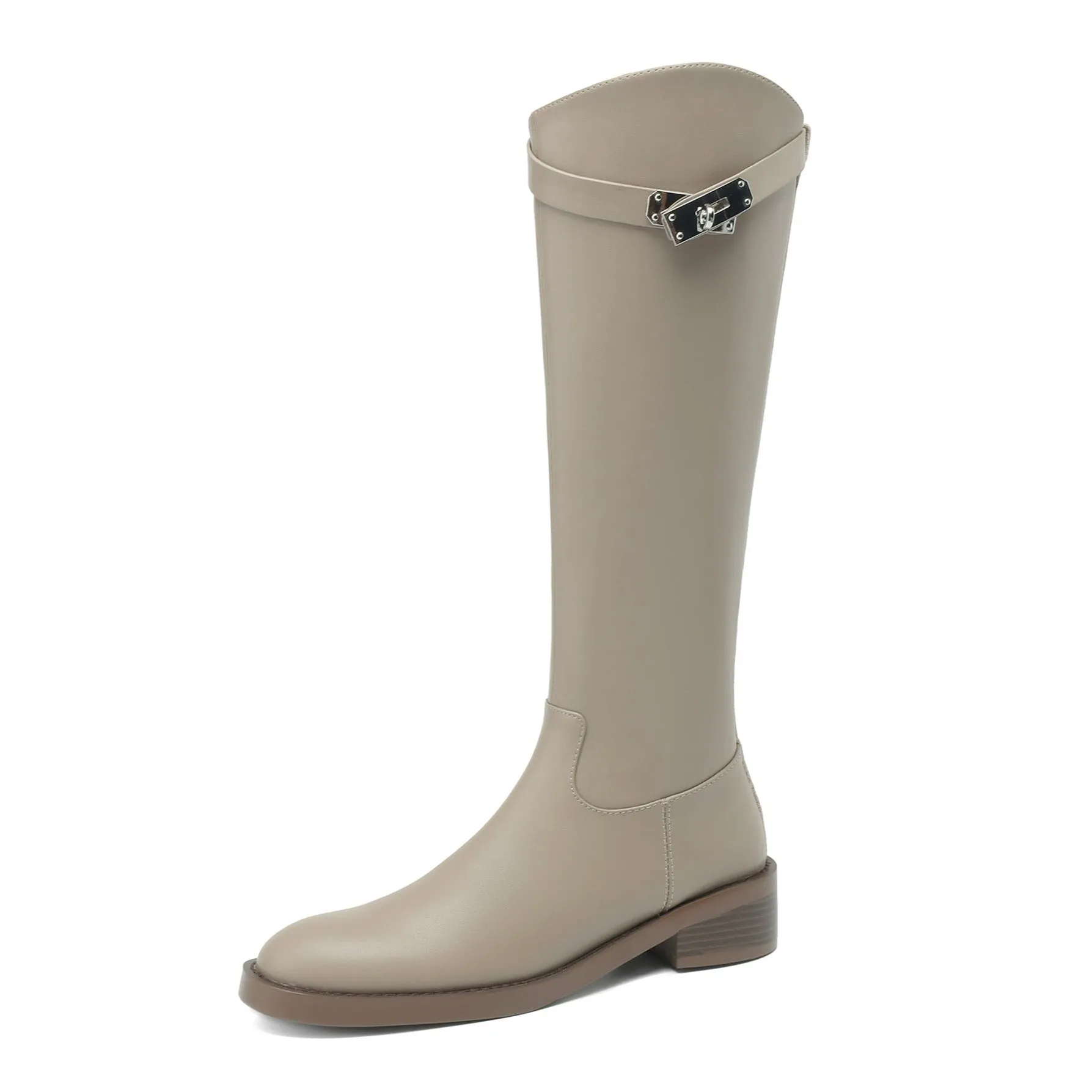 TinaCus Women's Round Toe Genuine Leather Handmade Chunky Heel Modern Buckle Side Zip Knee High Boots